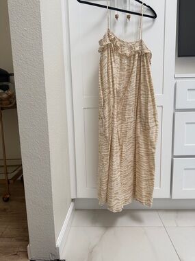 Tularosa Cream & Tan Striped Ruffled Slip Dress